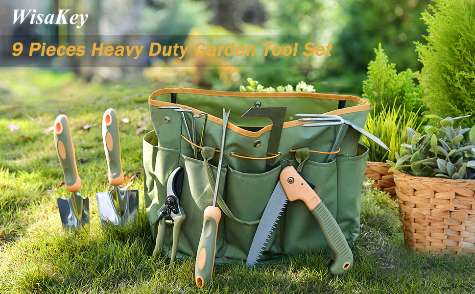 Garden Tool Set, WisaKey 9 Piece Stainless Steel Heavy Duty Green Gardening Tools with Non-Slip Ergonomic Handle, Durable Garden Tool Bag, Ideal Gardening Hand Tools, Gardening Gifts for Women and Men 10 Wisakey Garden tool set