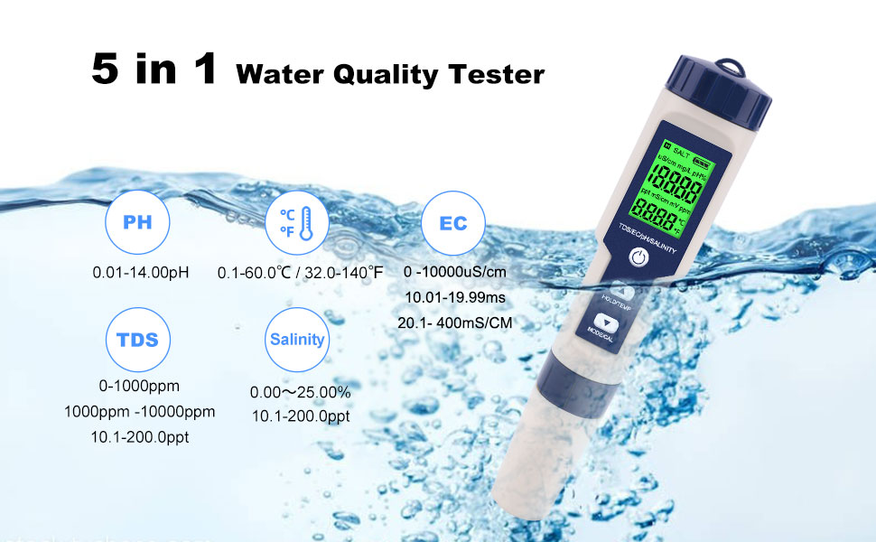 PH Meter,Water Tester 5 in 1 PH/TDS/Salinity/Temp&EC Meter,PH Meter for Water,IP67 Waterproof PH Pen,PPM Meter with Backlit,Salinity Tester for Saltwater Aquarium,Swimming Pool&Seawater. 8 PH Meter