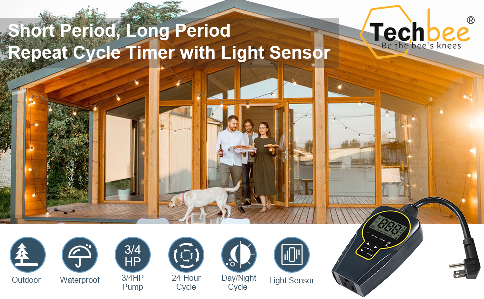 Techbee 1 s to 999 h Short/Long On-Off Interval Repeat Cycle Timer Plug Outlet with Countdown and Light Sensor, Waterproof for Outdoor (15A 3/4HP) 14 1
