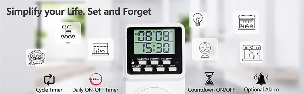 Techbee Digital Infinite Repeat Cycle Intermittent Timer Plug for Electrical Outlet, 24 Hour Programmable Indoor Timed Power Switch with Countdown Delay On and Off (120V, 15A) 14 multifunctional timer
