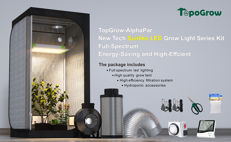 TopoGrow Hydroponic Growing Tents Kit Complete AlphaPar AQ300 LED Grow Light Lamp Full-Spectrum, 32"X32"X63"Indoor Grow Tent, 4" Ventilation Kit with Accessories for Plant Growing 10 1