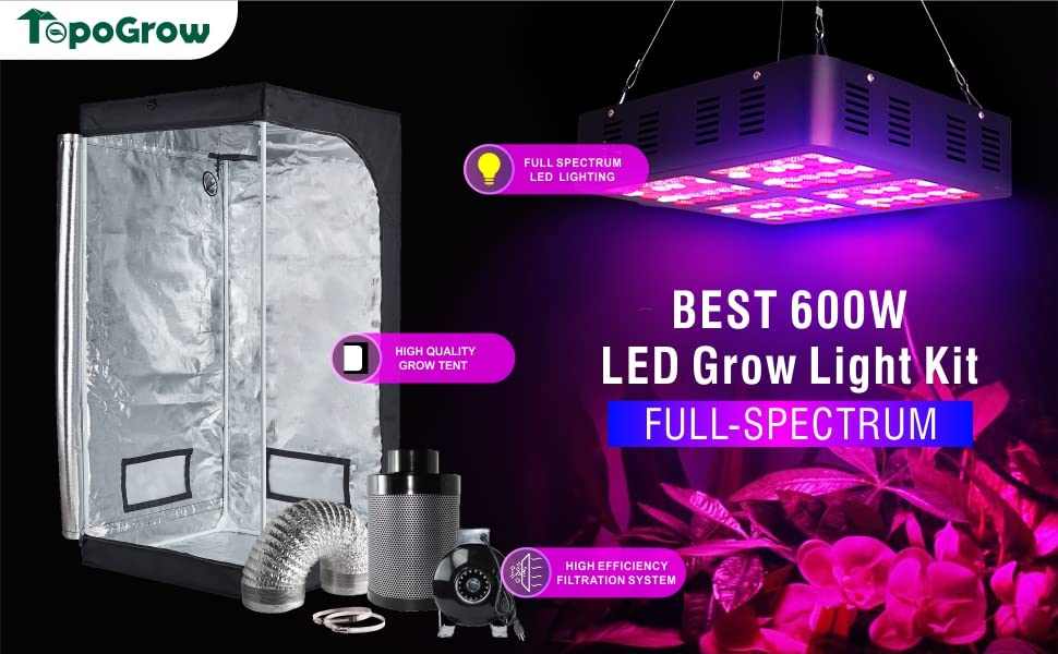 TopoGrow LED Grow Tent Complete Kit LED 600W LED Grow Light Kit +32"X32"X63" Indoor Grow Tent + 4" Fan Filter Ducting Combo Hydroponics Tent System 9 a