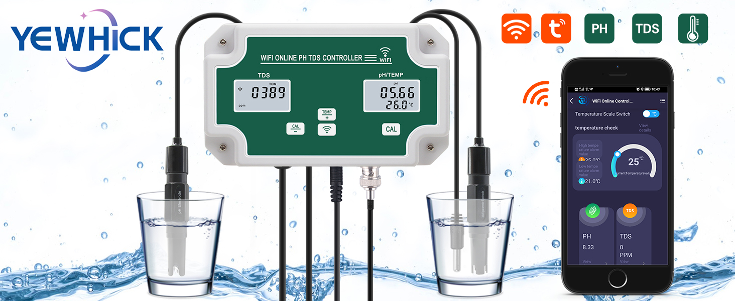 Yewhick WiFi Water Quality Monitor with Controller, Online pH TDS Monitor for RO Water System, Zero Water, Hard Water, Hydroponics System Agricultural Irrigation, Support Tuya APP Remote Control 9 tds monitor