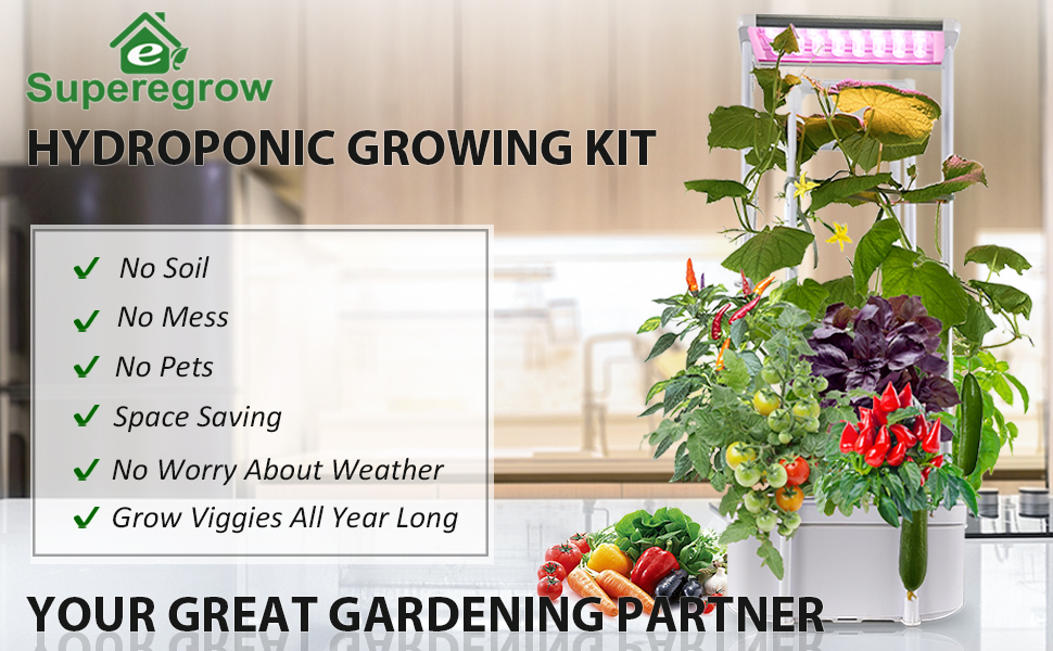 eSuperegrow Hydroponics Growing System,Smart Hydroponic Gardening System with LED Grow Light,Indoor Garden Hydroponic Herb Grow Kit with Climbing Trellis for Short Tomato,Basil,Pepper,Cucumber 9 hydroponic kit